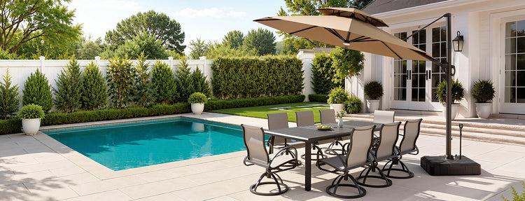 Crestlive summer sale banner featuring a large cantilever patio umbrella and dining set by a swimming pool.