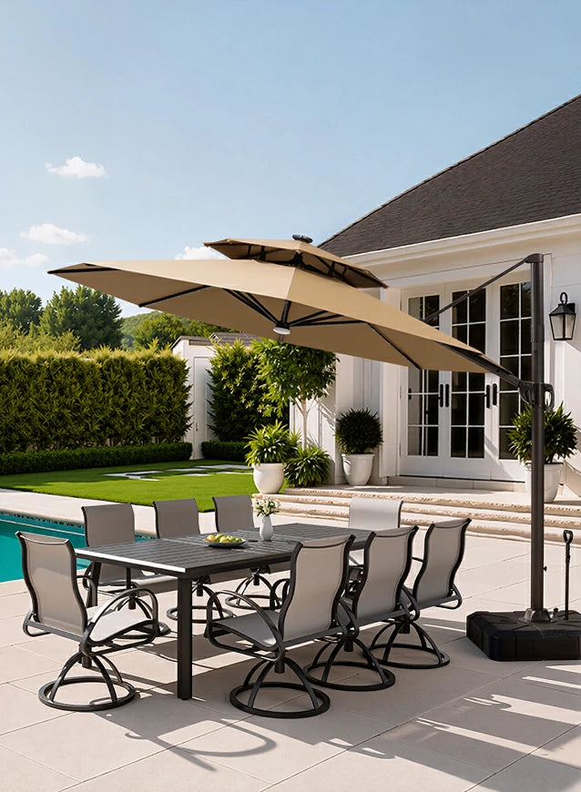Crestlive Products summer sale featuring a large beige cantilever patio umbrella and outdoor dining table set by the pool.