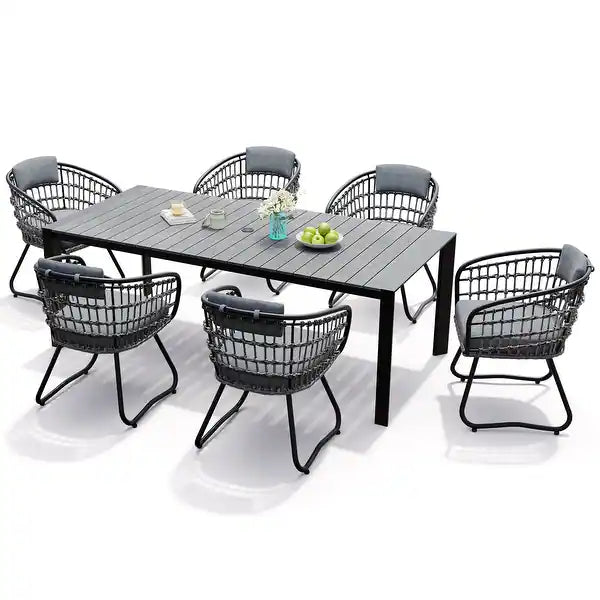 Crestlive Products Outdoor Patio Dining Set Aluminum Table with Umbrella Hole and Rattan Chairs