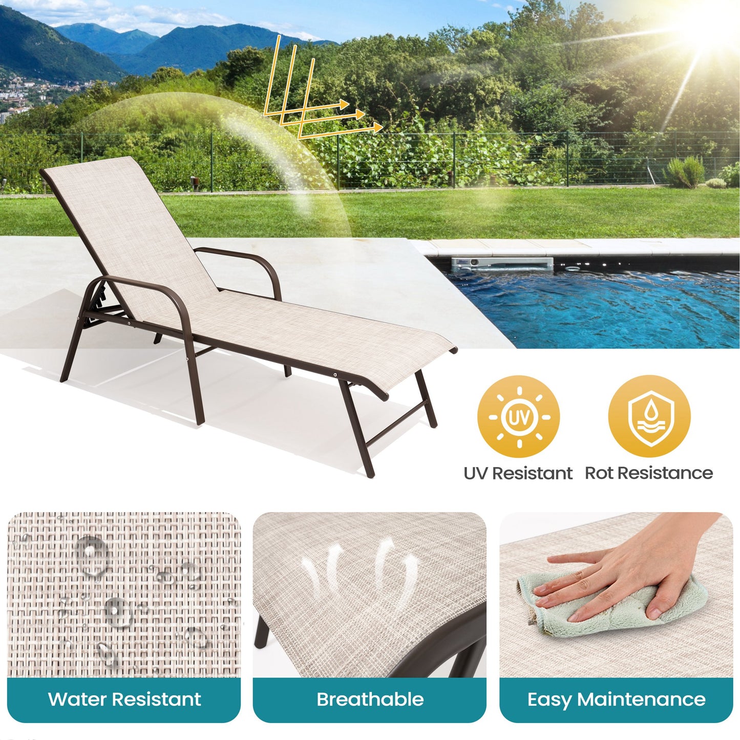 Crestlive Products Aluminum Adjustable Chaise Lounge Chairs with Armrests Set of 2